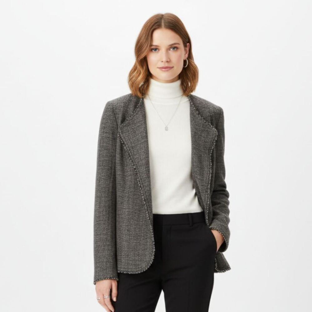 Eileen Fisher Linen Blend Gray Woven Open Front Fringe Trim Long Sleeve Jacket S
